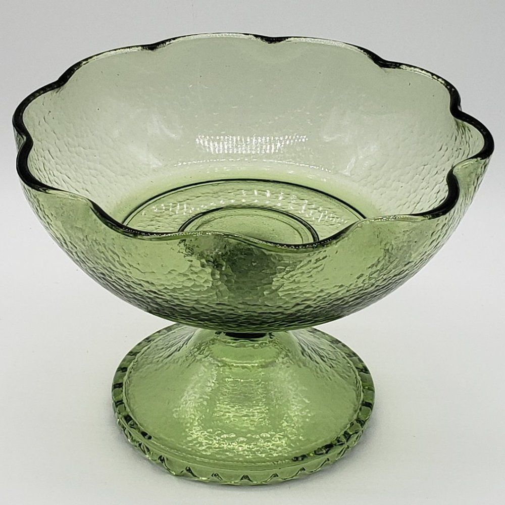 Hazel Atlas Pebbletone Vintage Green Glass Scalloped Top Pedestal Compote Bowl
